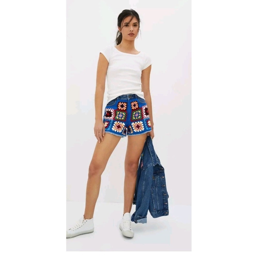 Farm Rio High Rise Crochet Denim Cut Off Short Small NWT Festival Granny Square